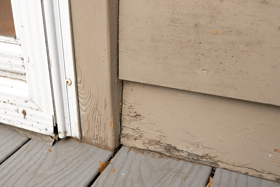 Wood siding on house shows peeling and cracked painting and early signs of decay and rot where siding meets deck.